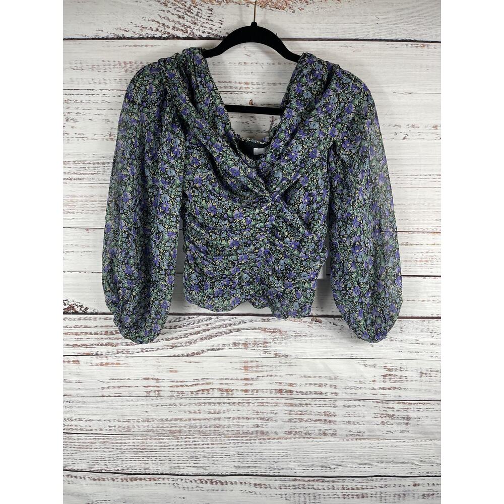 ASTR The Label Blouse Women's XS Purple Multi Floral Long Sleeve Ruched Top